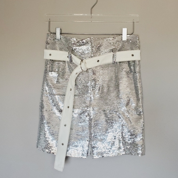 FINAL SALE Silver Sequin Belted Holiday Bling Cosplay NYE Mini Skirt - Picture 12 of 13